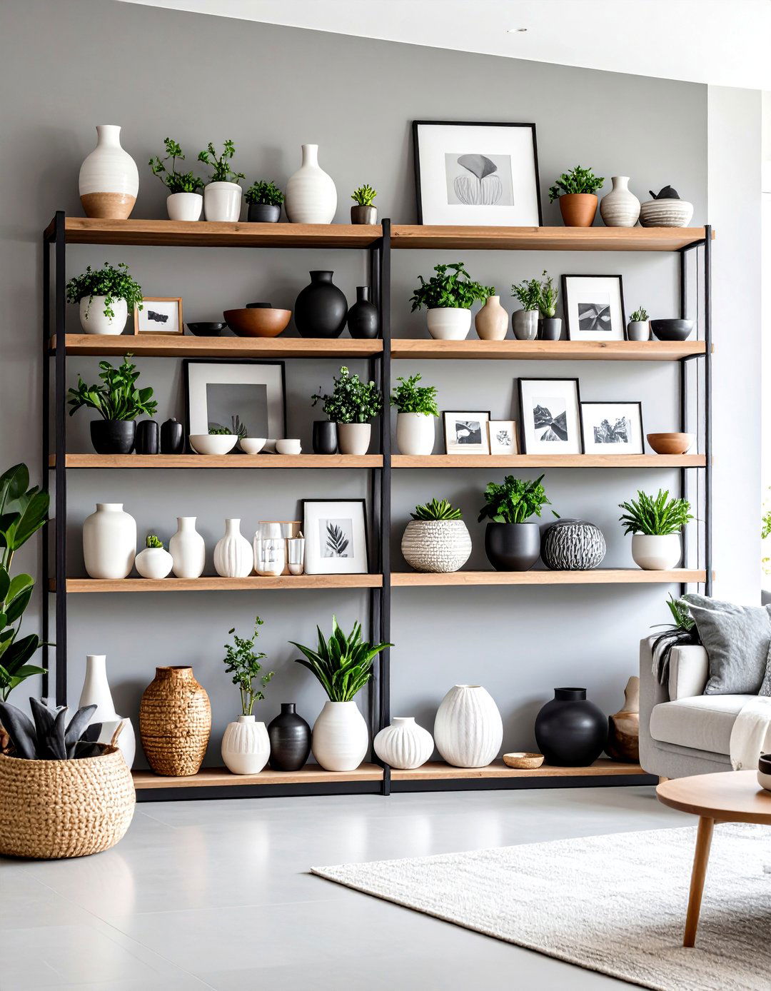 Curated Shelves Personalize a Grey and White Living Room - 20 Grey and White Living Room Ideas