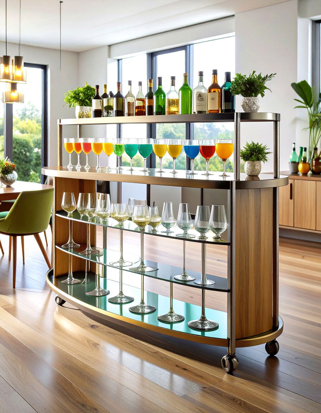 Curved Bar Cart Keeps Cocktails Handy - 25 Art Deco Dining Room Ideas