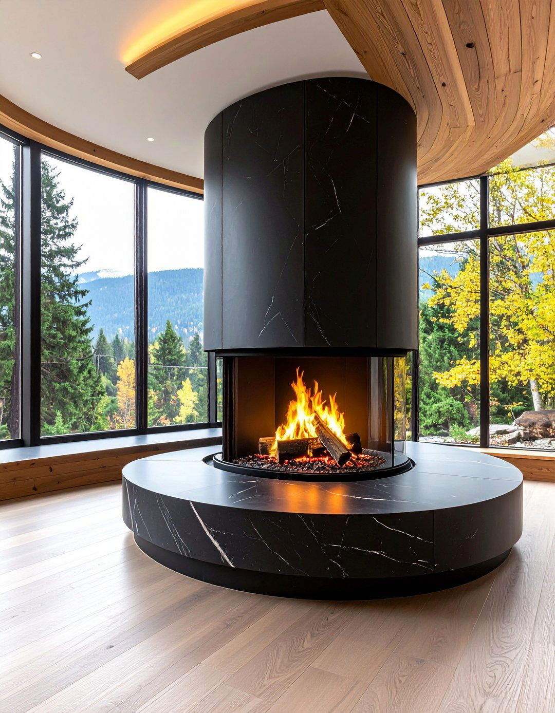 Curved Black Stone Softens Tight Corners - 20 Black Stone Fireplace Ideas