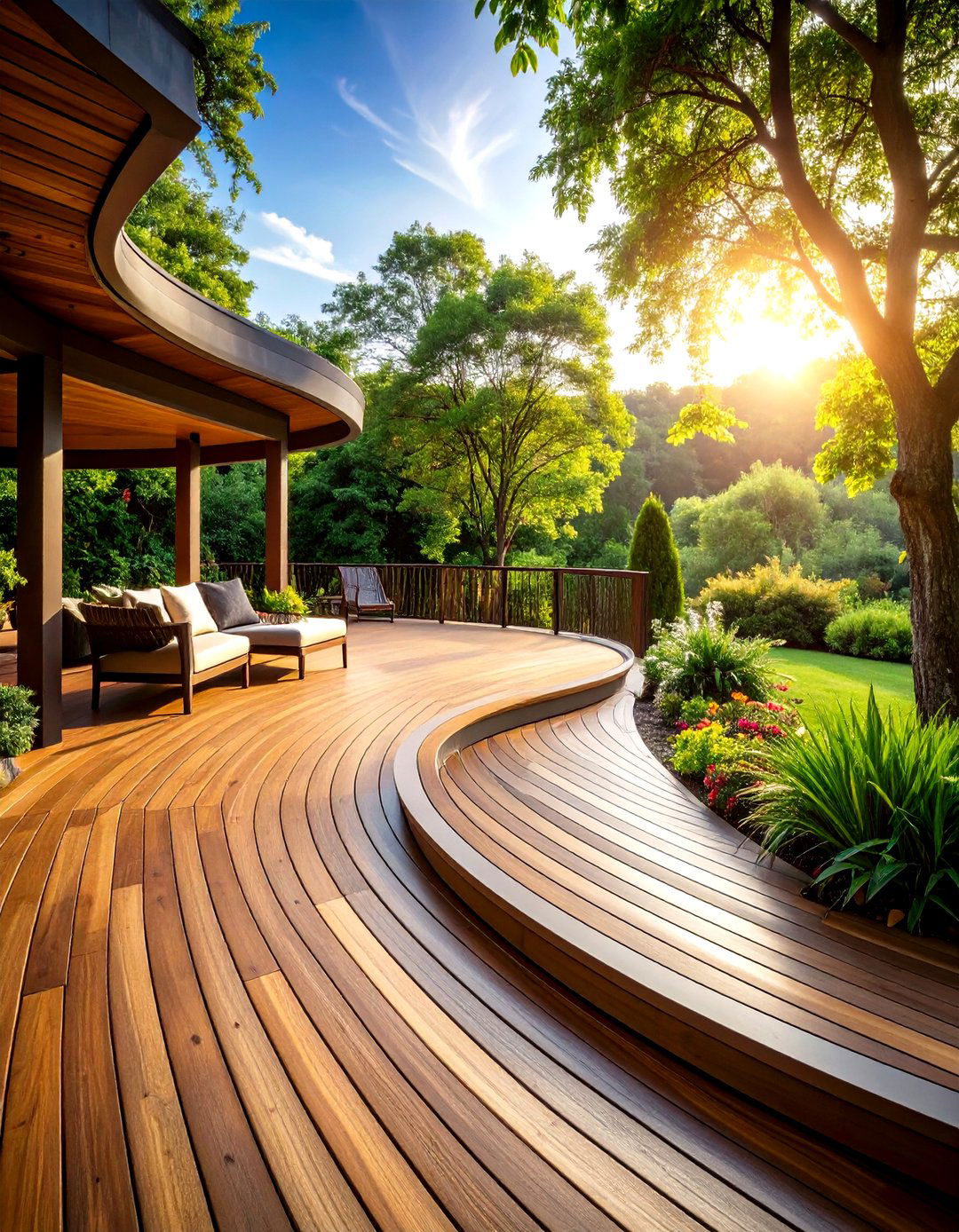 Curved Edge Deck for Flowing Lines - 20 Ground Level Deck Ideas