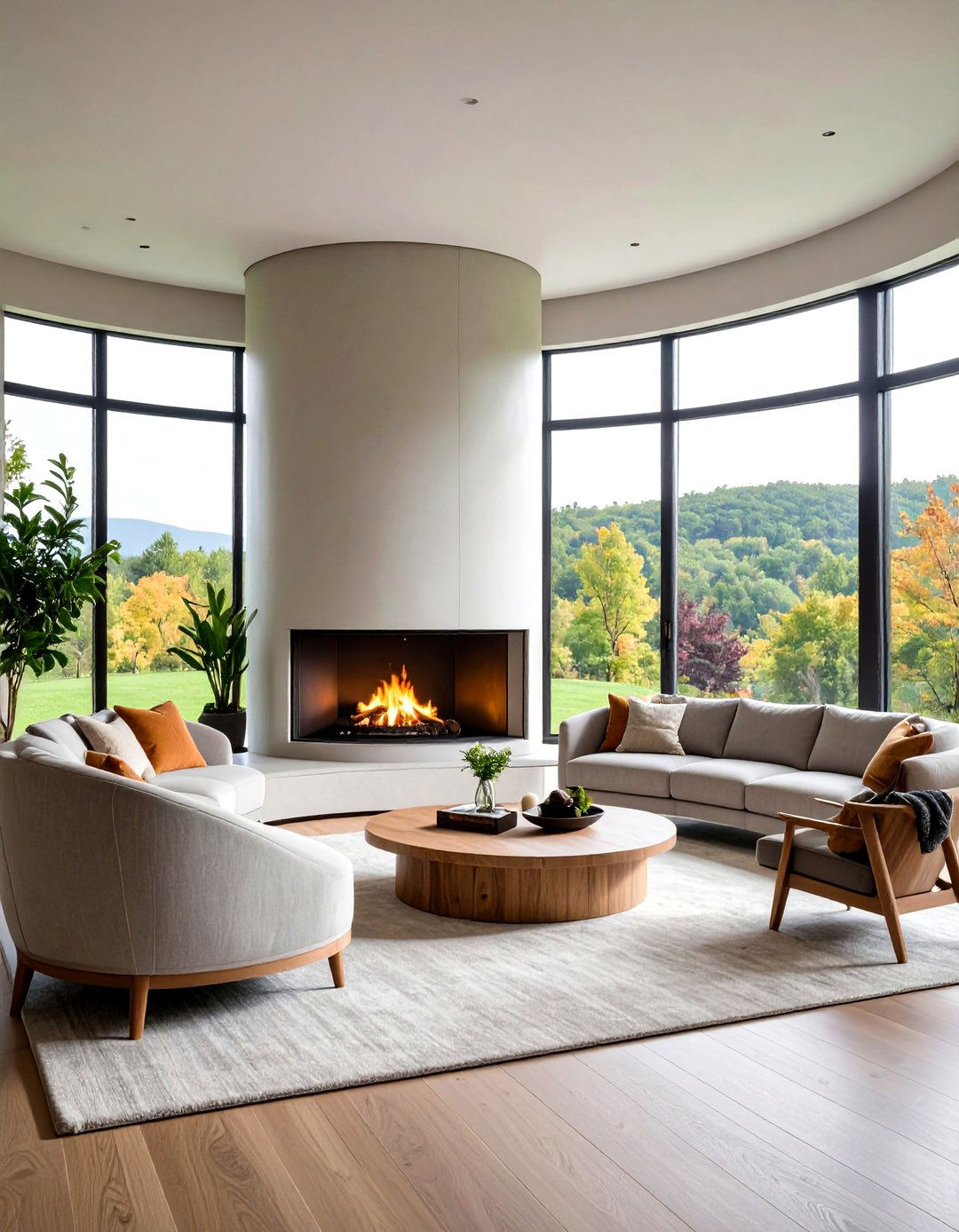Curved Fireplace Design with Rounded Windows - 20 Fireplace Between Windows Ideas
