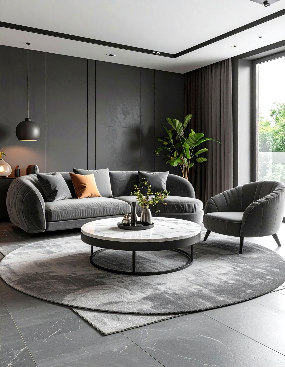 Curved Furniture to Soften Lines - 20 Grey Living Room With Dark Wood Floors
