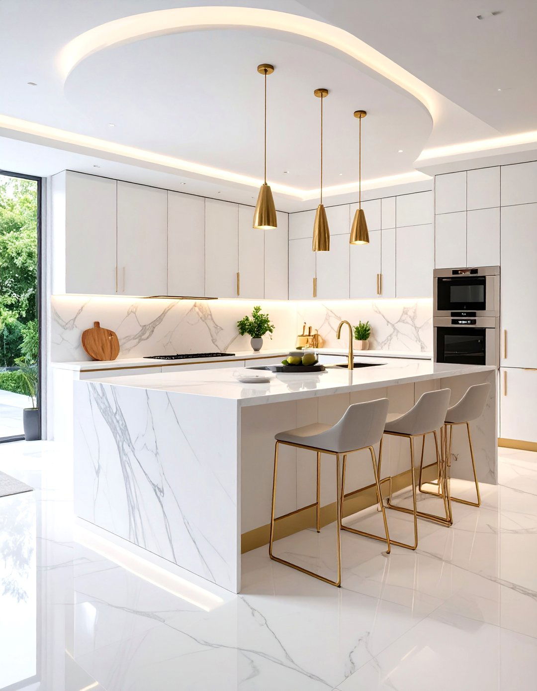 Curved Kitchen Peninsula with Waterfall Marble Countertops - 20 Kitchen Peninsula Ideas