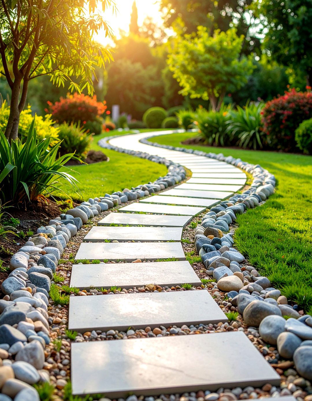 Curved Pathway River Rock Edging Border - 20 River Rock Edging Ideas