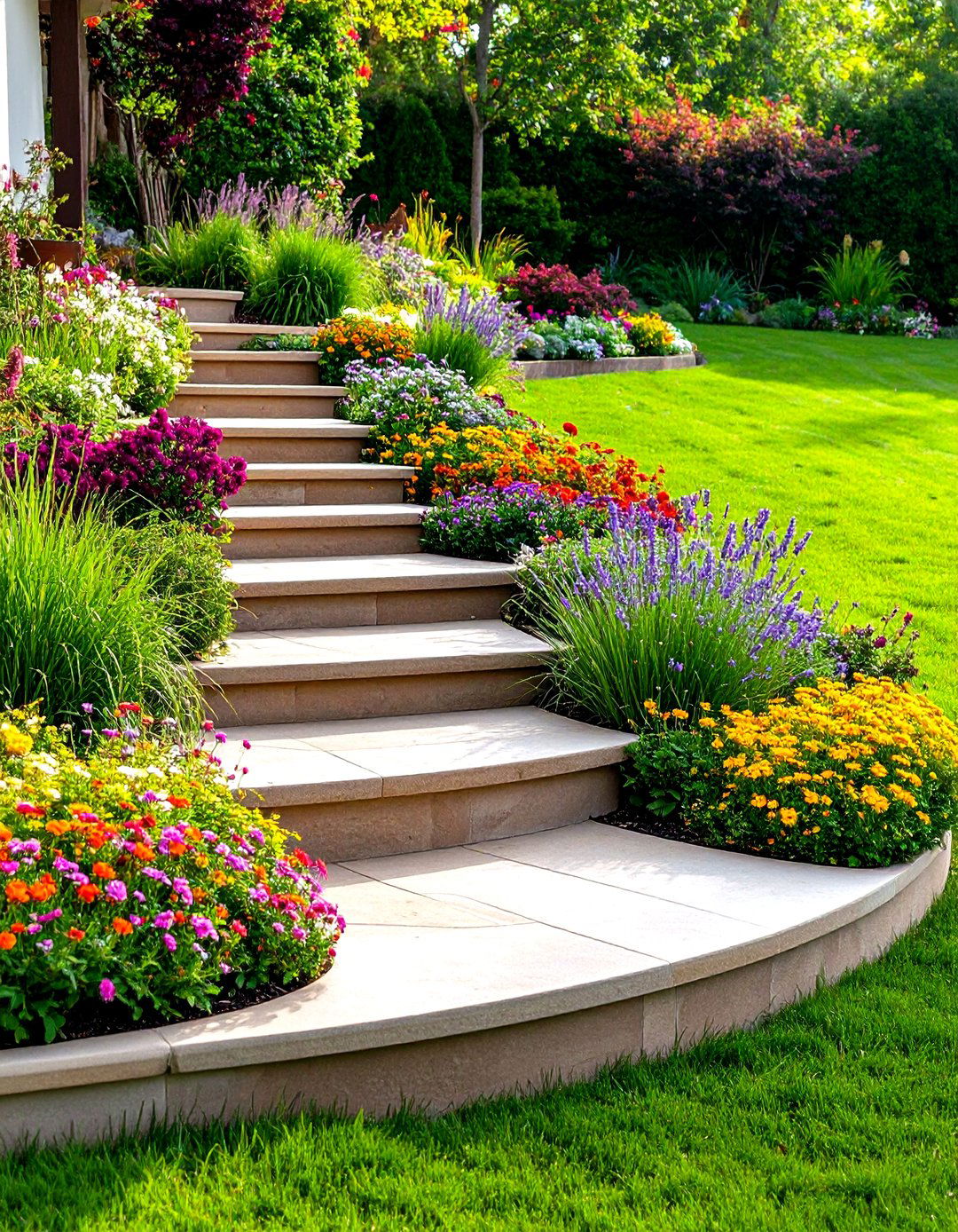 Curved Patio Steps with Integrated Planters - 20 Patio Steps Ideas