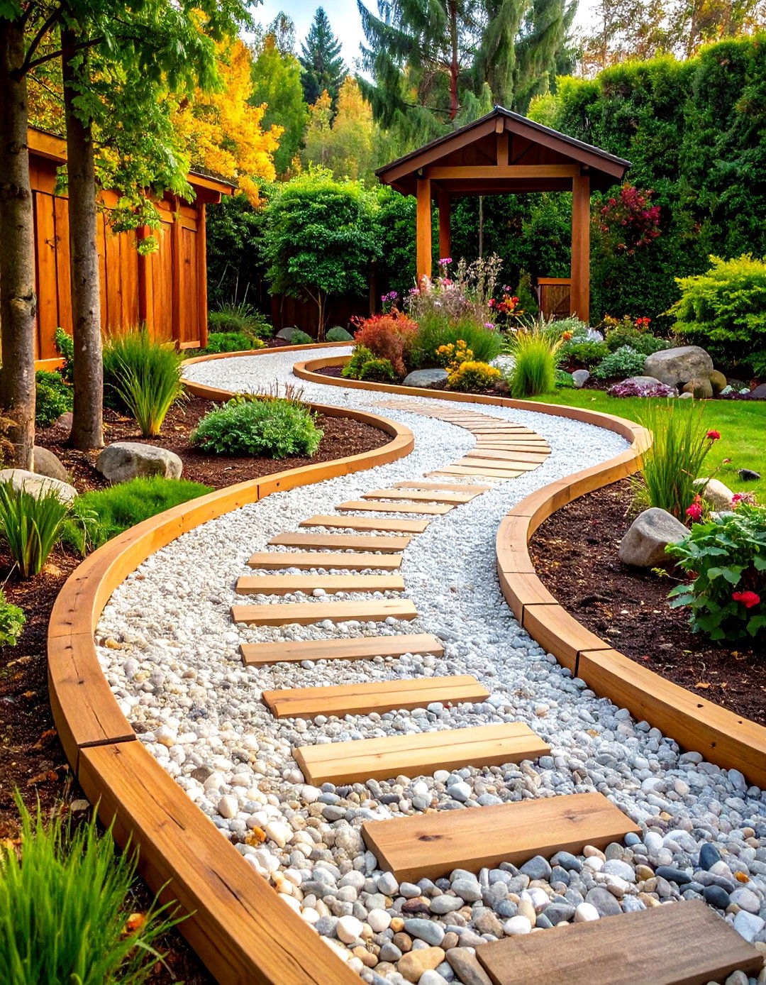 Curved Pea Gravel Walkway with Wooden Frame Borders - 20 Pea Gravel Walkway Ideas