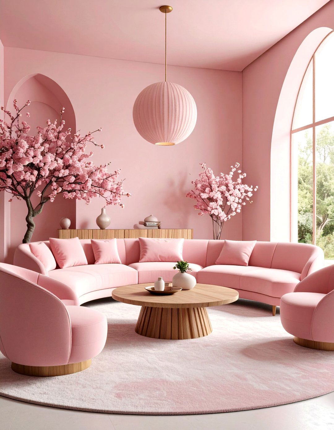 Curved Pink Living Room with Organic Silhouettes - 20 Pink Living Room Ideas