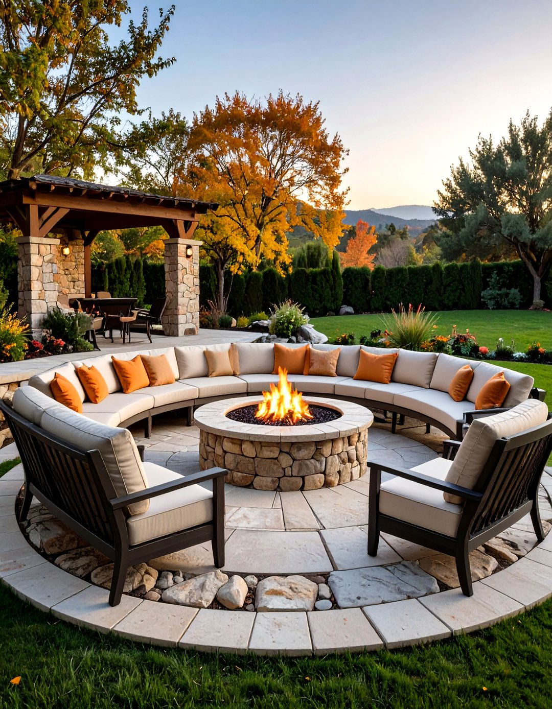 Curved Stone Bench and Fire Ring Ensemble - 20 Stone Fire Pit Ideas