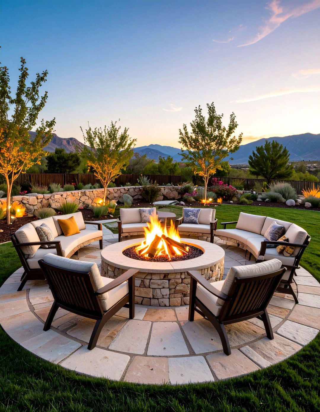 Curved Stone Benches Surround - 20 Stone Patio With a Fire Pit Ideas