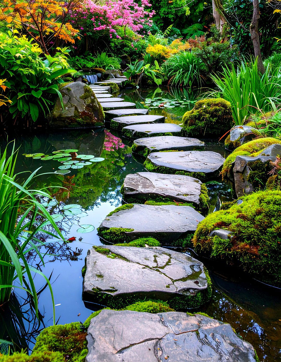 Curved Waterfront Flagstone Walk Edging a Pond - 20 Flagstone Walkway Ideas