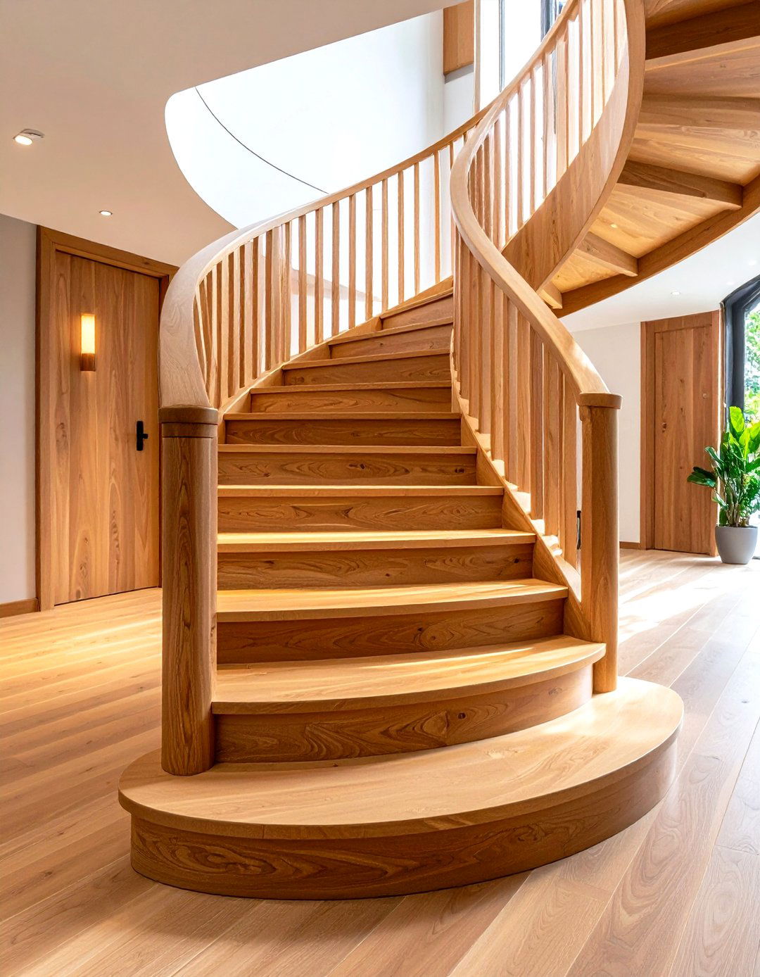 Curved Wooden Staircase with Sweeping Handrails - 20 Wooden Staircase Ideas