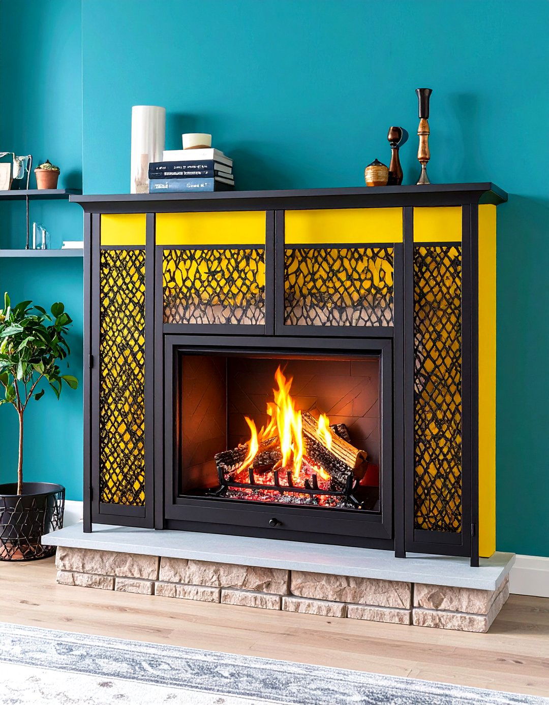 Custom Metal Fireplace Screen Detail - 20 Farmhouse Fireplace Ideas
