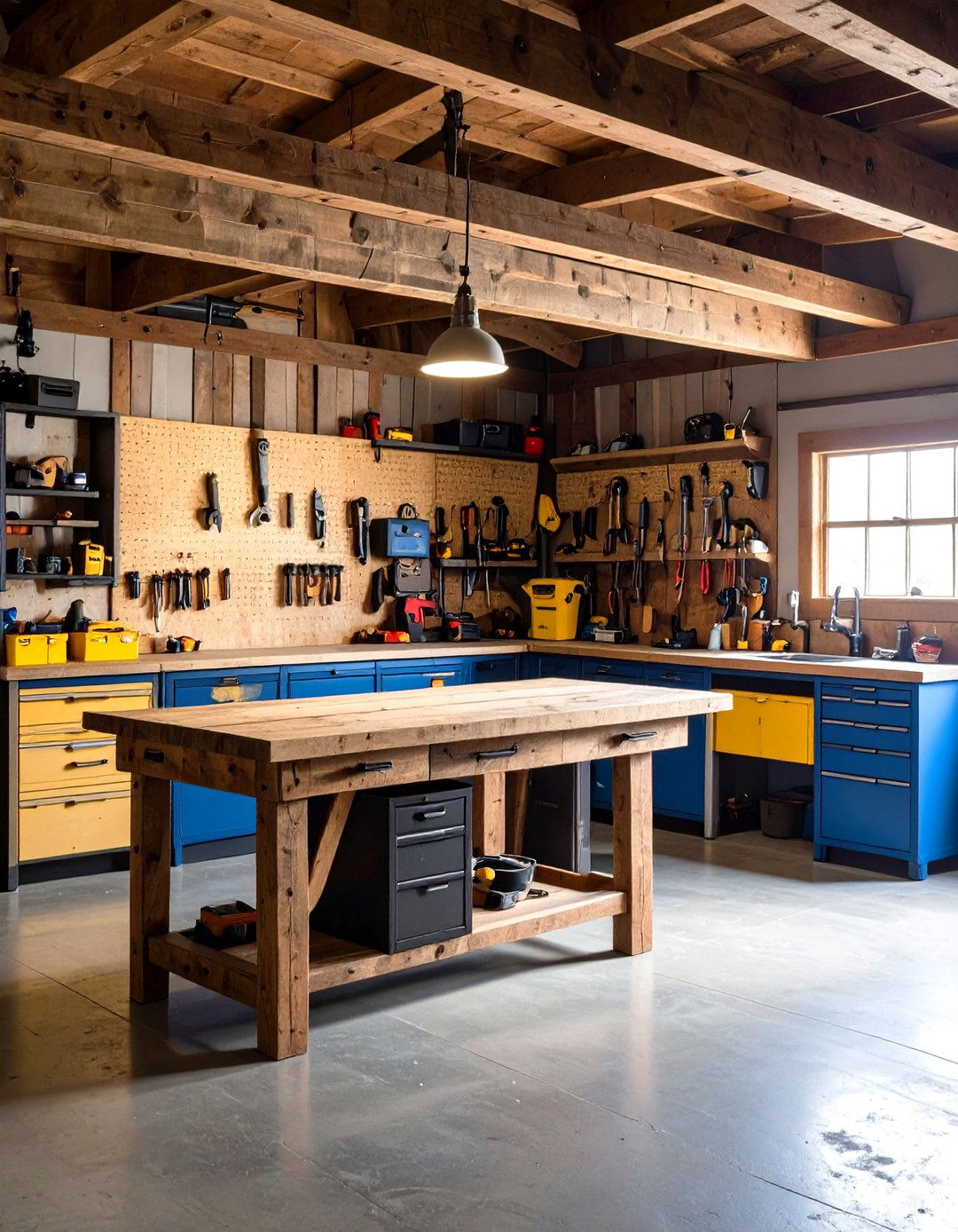 Custom Workbench from Salvaged Wood in Rustic Garage - 20 Rustic Garage Ideas
