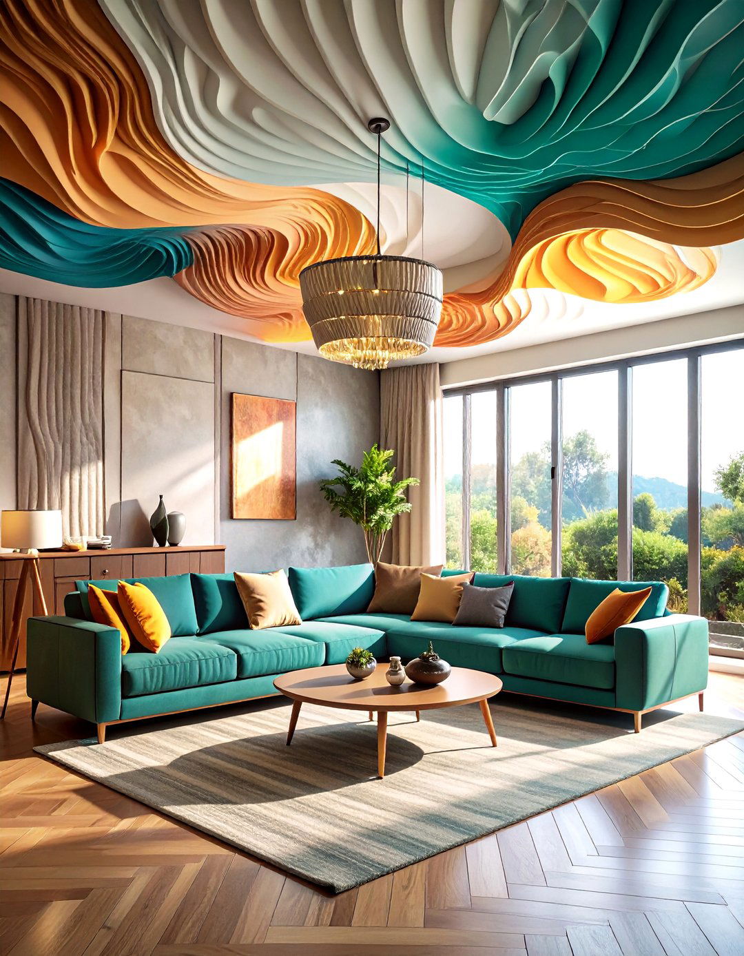 D Textured Living Room False Ceiling with Sculptural Elements - 20 Living Room False Ceiling Design Ideas