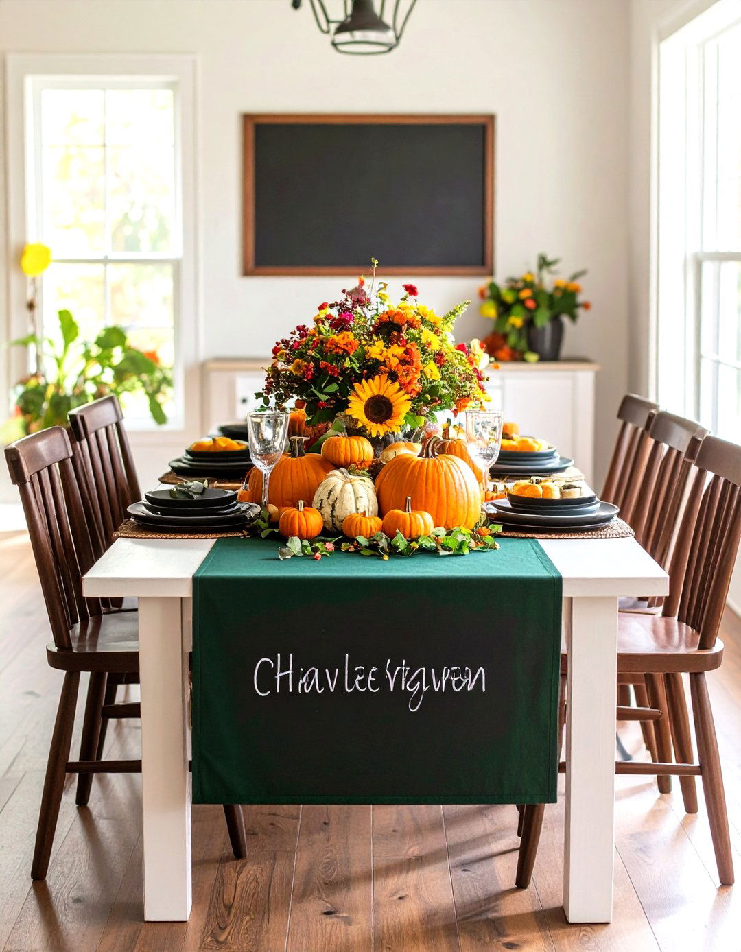 DIY Chalkboard Table Runner with Pumpkins - 20 Thanksgiving Centerpiece Ideas