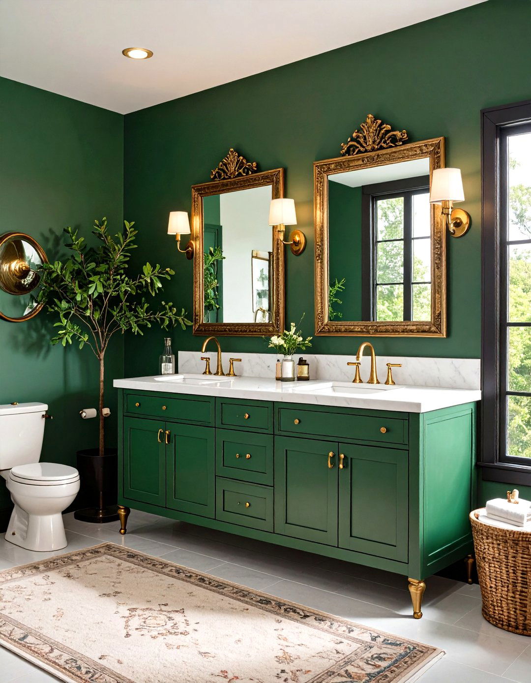 DIY Gold Framed Mirror over a Green Vanity in a Powder Room - 20 Green Powder Room Ideas