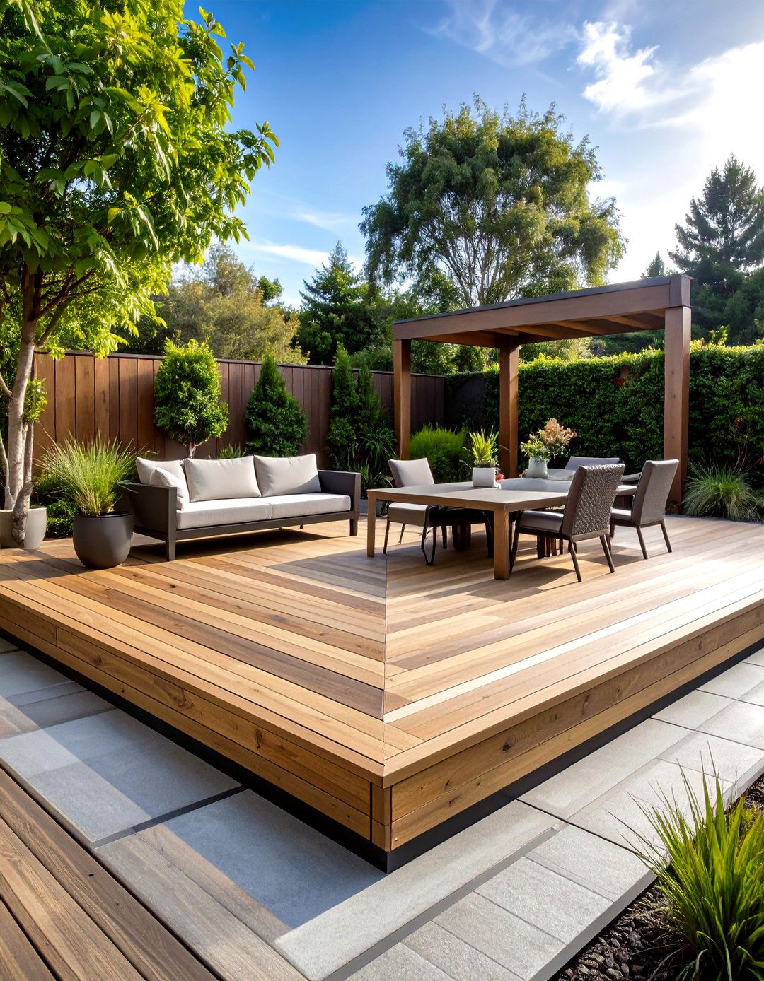 DIY Modular Deck Tiles Paired with Quick Set Concrete Patio - 20 Deck and Patio Combination Ideas