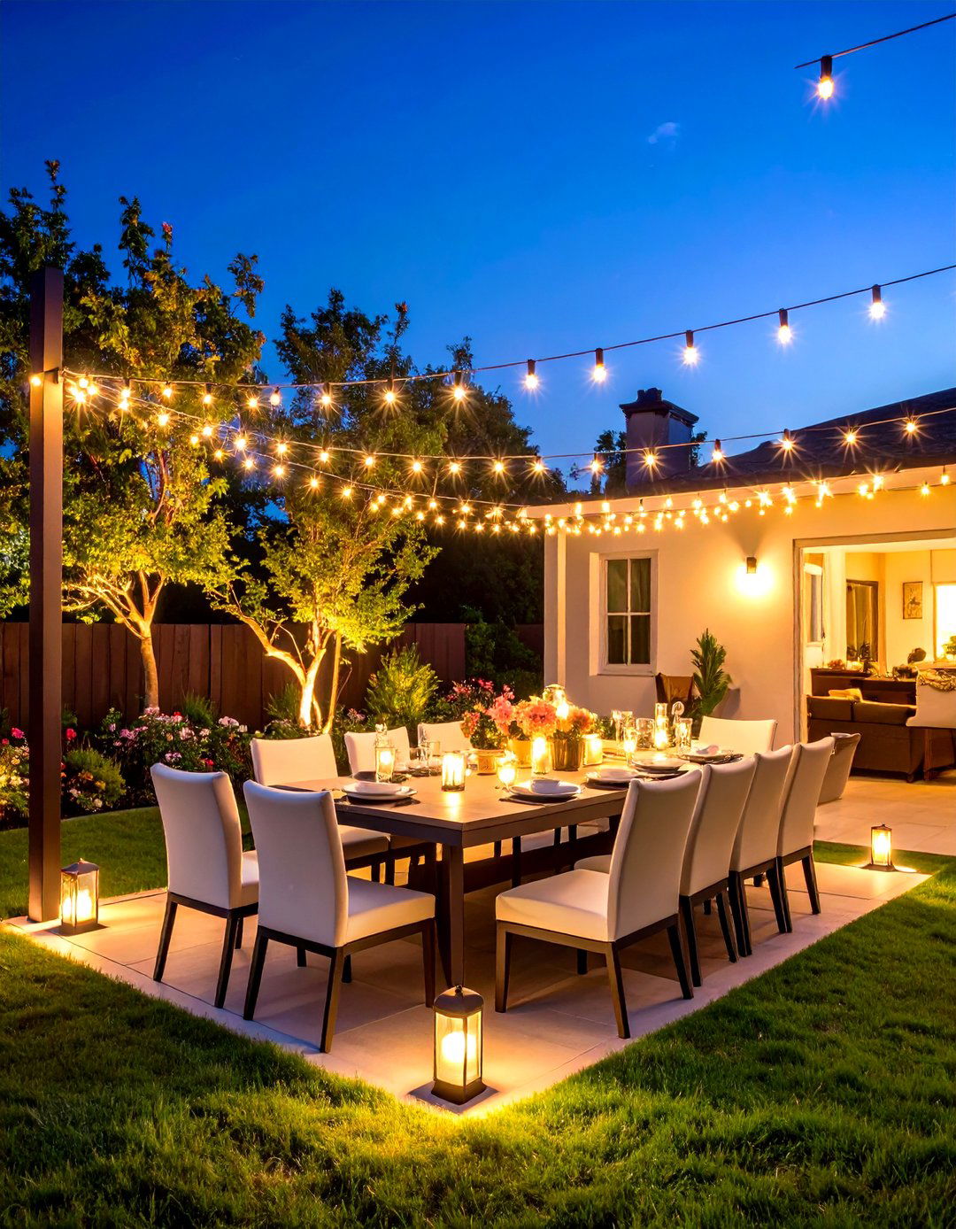 DIY Pole Mounted Patio String Light Dining Perimeter - 20 Patio String Light Ideas