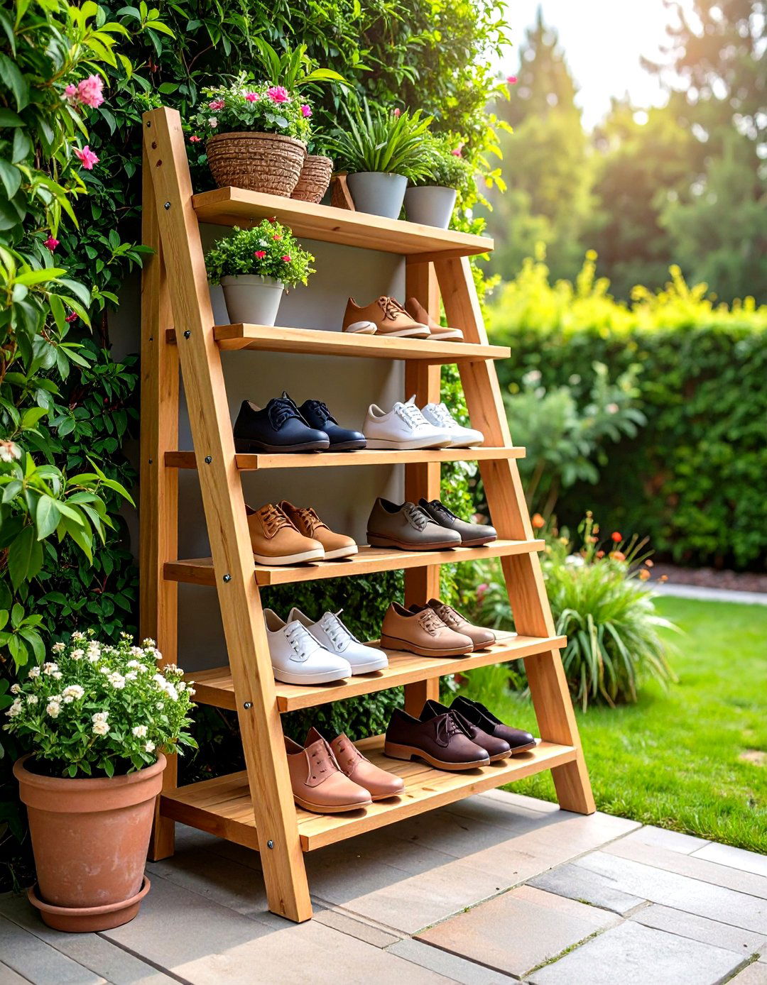 DIY Wooden Ladder Outdoor Shoe Storage - 20 Outdoor Shoe Storage Ideas