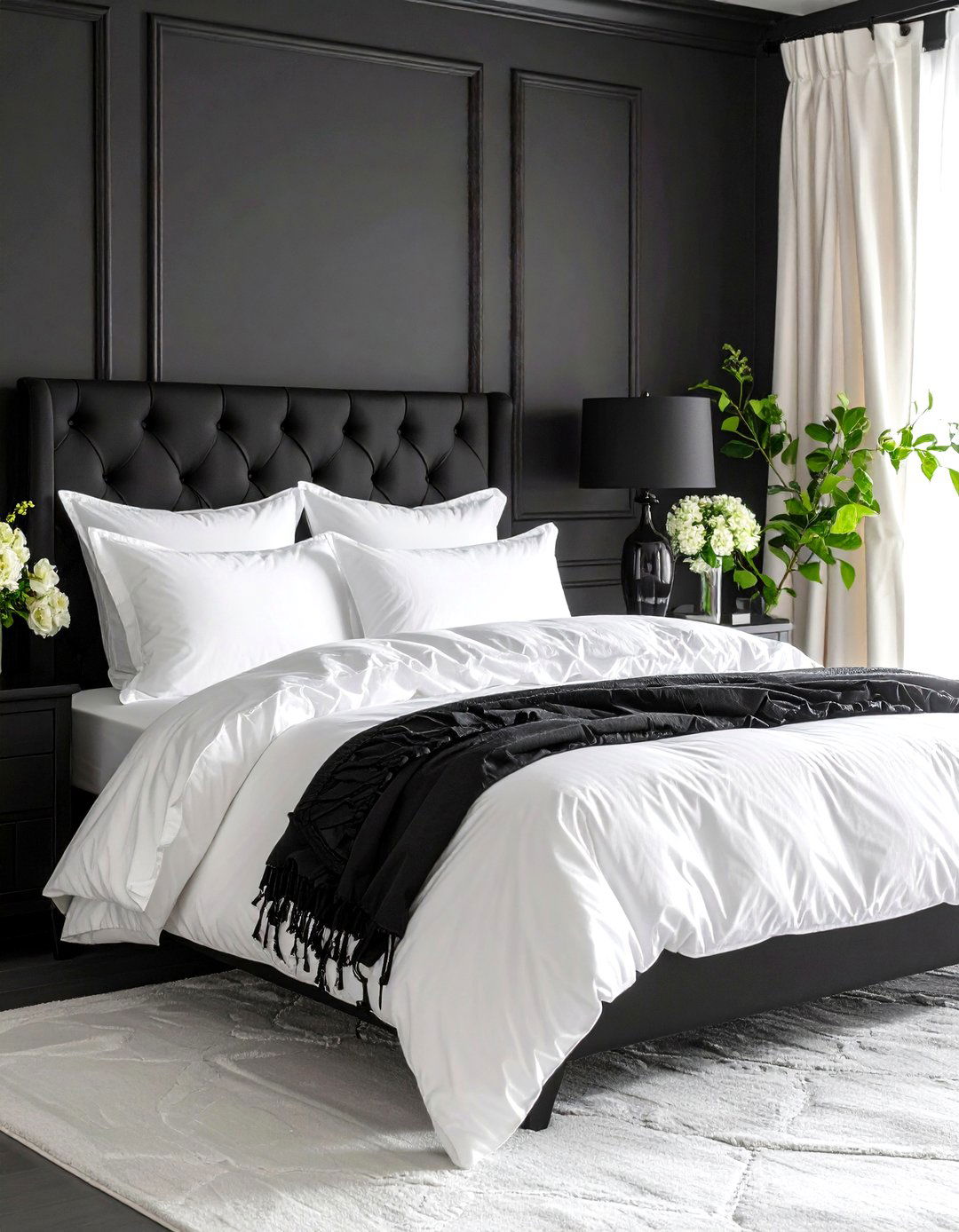 Dainty Ruffles Meet Streamlined Furniture - 20 Feminine Black and White Bedroom Ideas