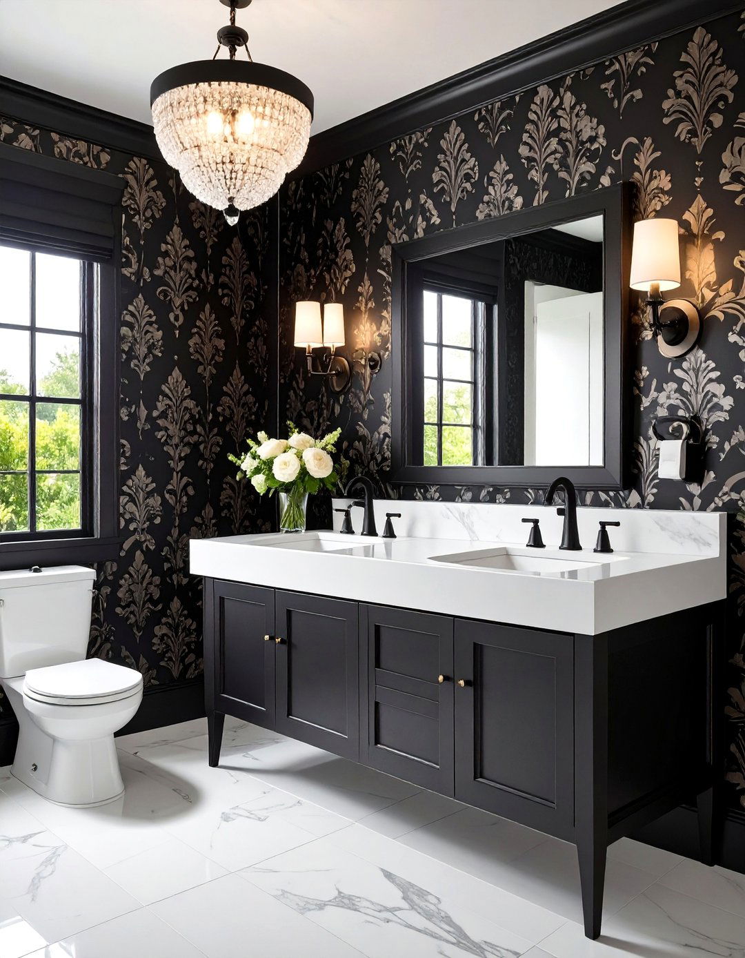 Damask or Toile Wallpaper Resurgence - 20 Black and White Powder Room Ideas