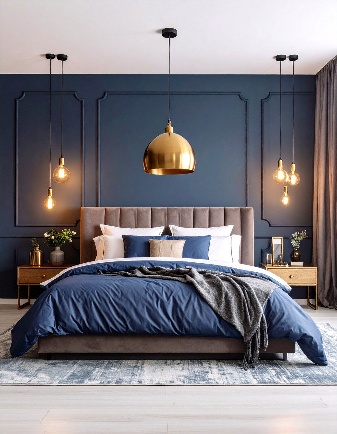 Dark Blue Bedroom with Brass Lighting Warmth - 20 Dark Blue Bedroom Ideas