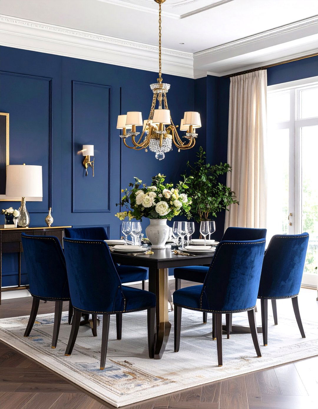 Dark Blue Dining Room with Brass Accents - 20 Blue Dining Room Ideas