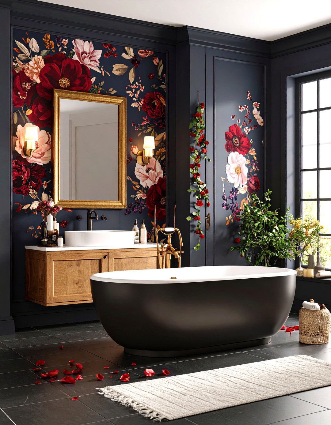 Dark Floral Wallpaper Channels Vintage Romance - 20 Dark Bathroom Ideas