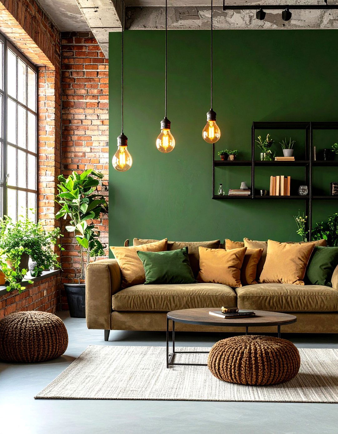 Dark Green Accent Wall Paired with Exposed Brick - 20 Dark Green Accent Wall Ideas