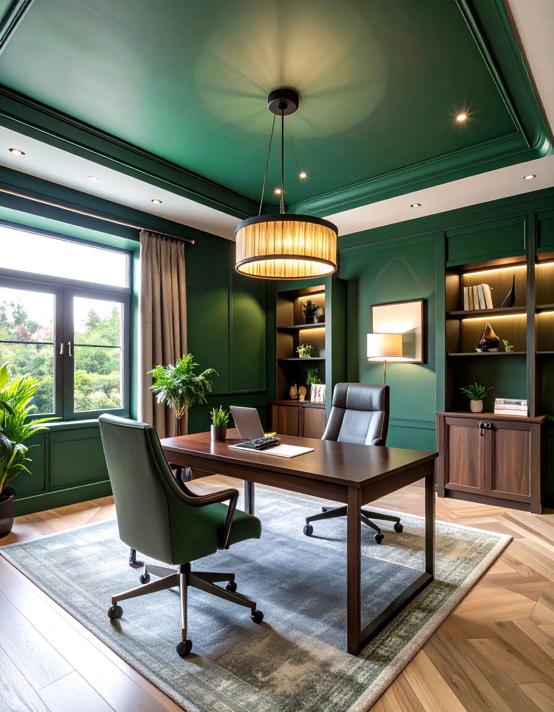 Dark Green Ceiling Creates a Cozy Canopy - 20 Dark Green Home Office Ideas