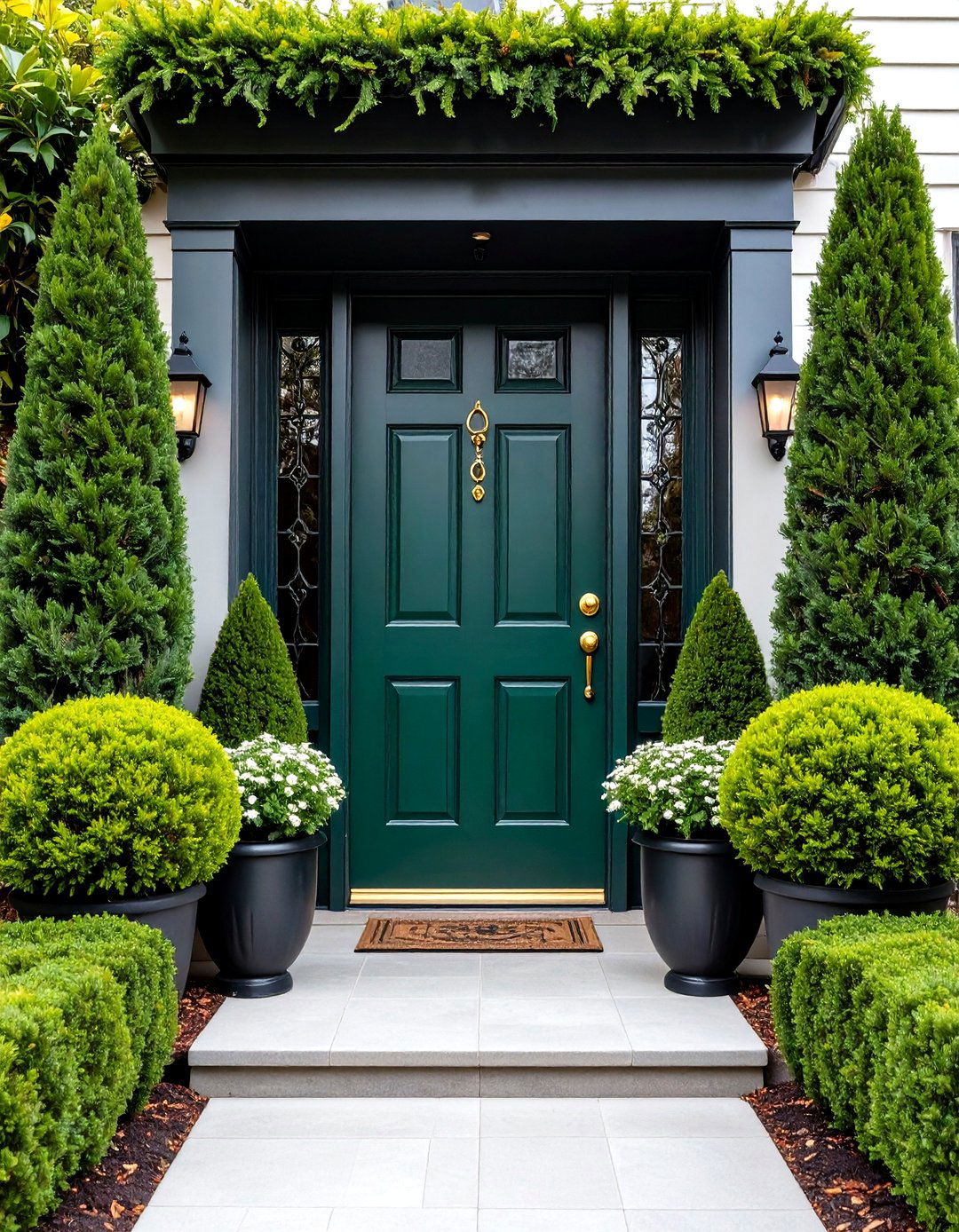 Dark Green Door Framed by Evergreen Planters - 20 Dark Green Front Door Ideas