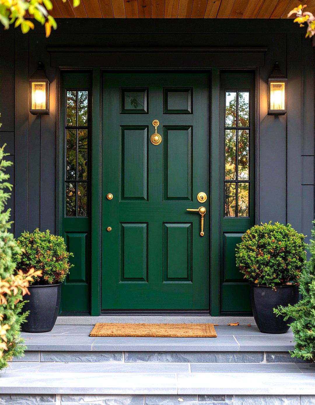 Dark Green Door With Brass Hardware Contrast - 20 Dark Green Front Door Ideas
