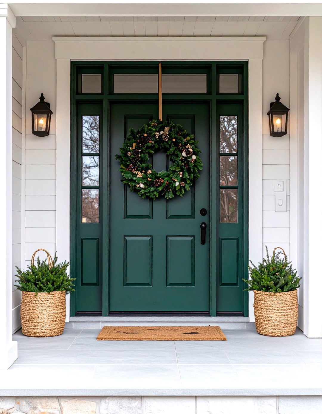 Dark Green Door With Seasonal Wreath Swaps - 20 Dark Green Front Door Ideas