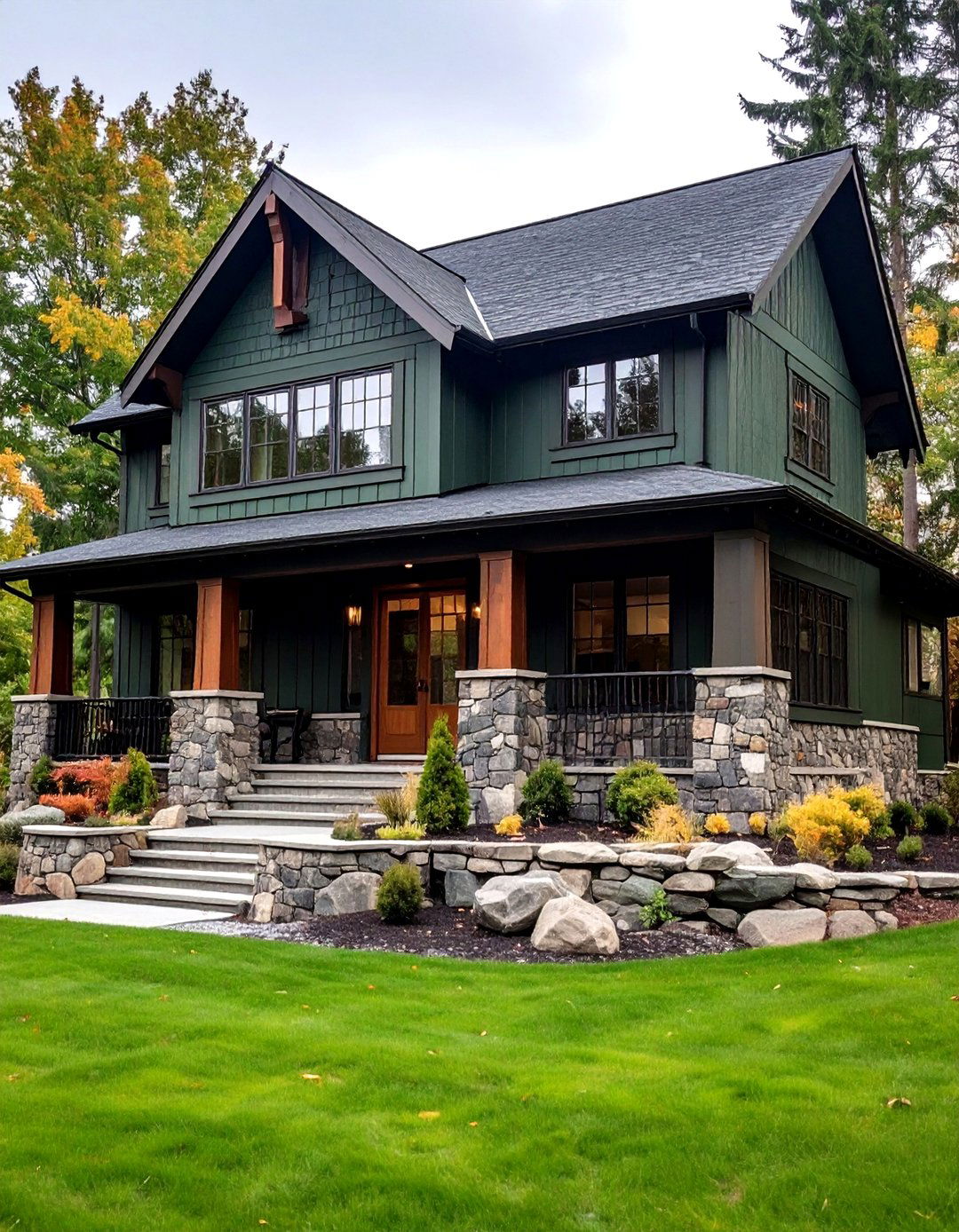 Dark Green Exterior Anchored by Natural Stone - 20 Dark Green Exterior Ideas