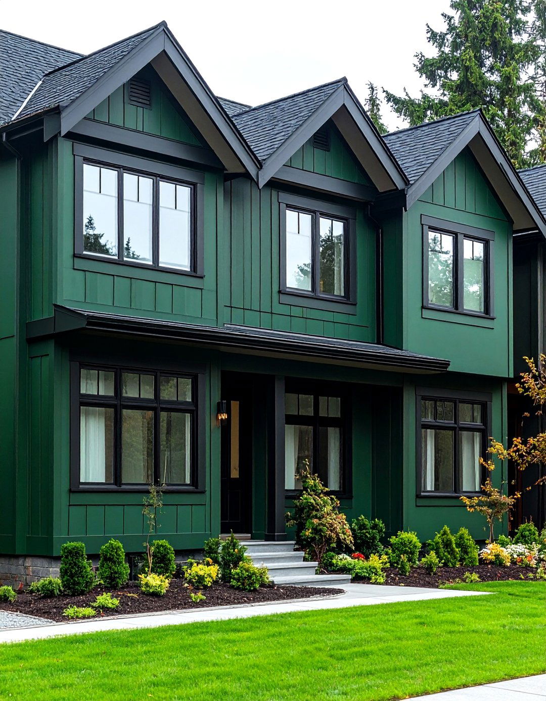 Dark Green Exterior with Black Framed Windows for Urban Townhouses - 20 Dark Green Exterior Ideas