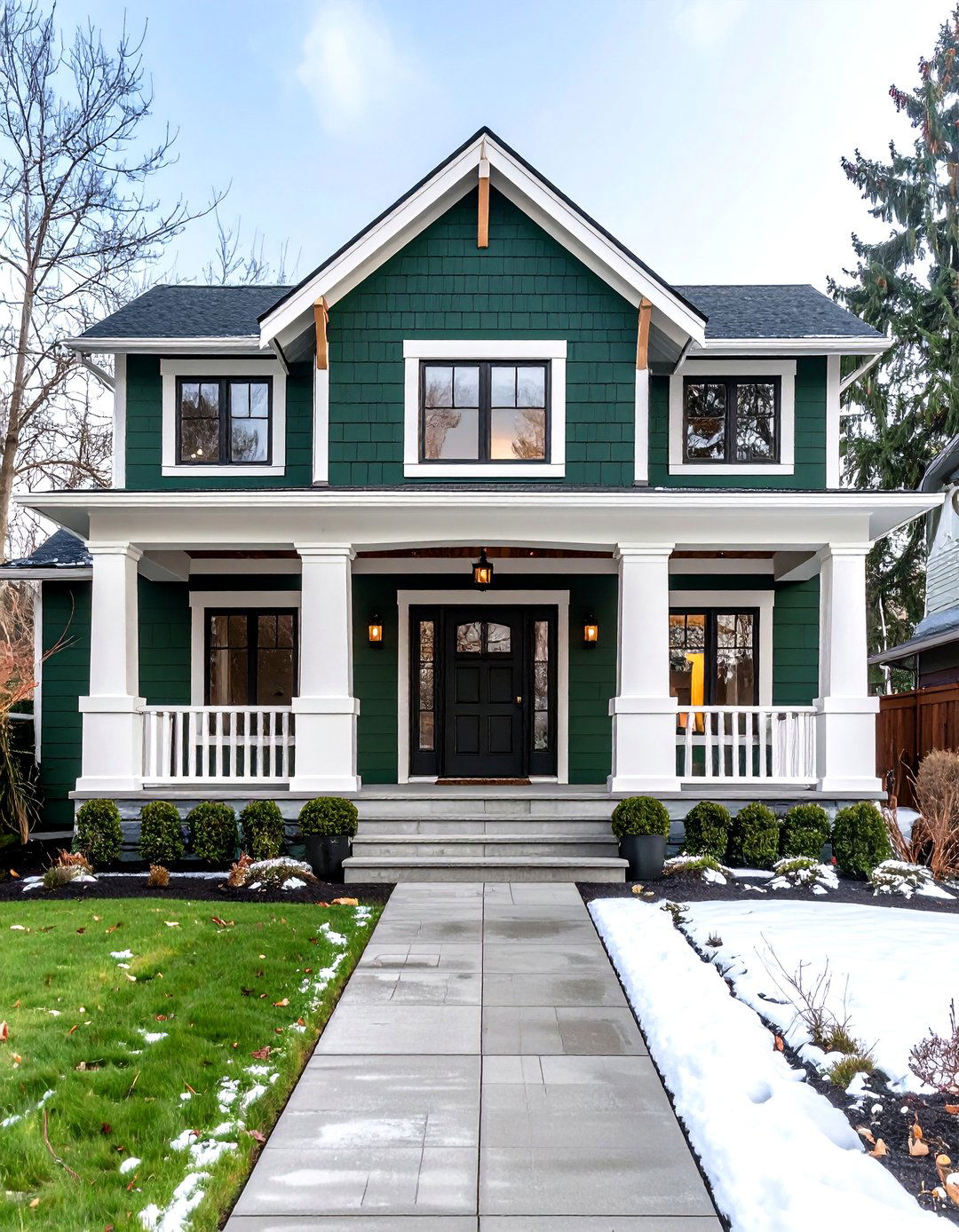 Dark Green Exterior with Crisp White Accents - 20 Dark Green Exterior Ideas