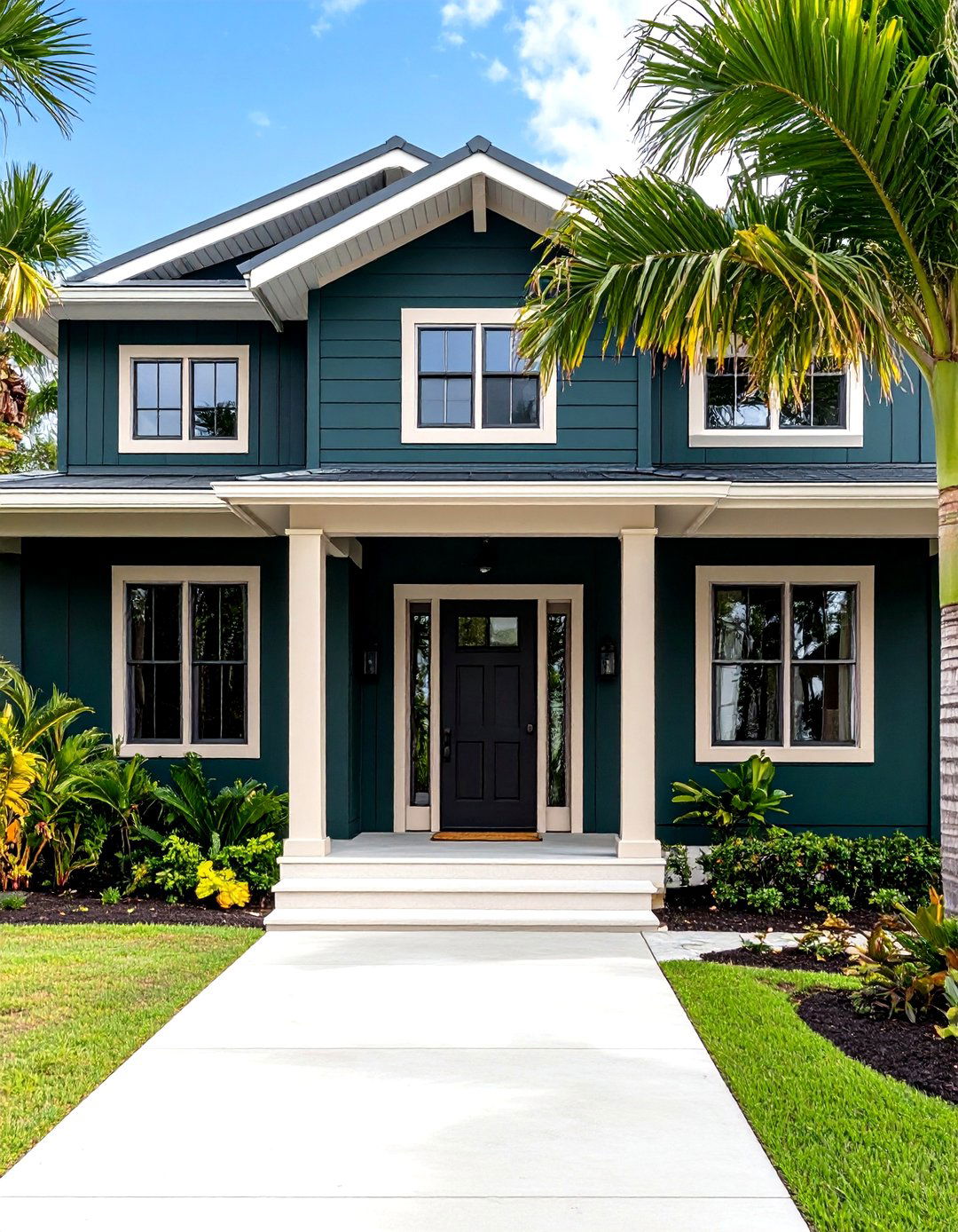 Dark Green Exterior with Light Sand Tone Trim for Coastal Homes - 20 Dark Green Exterior Ideas
