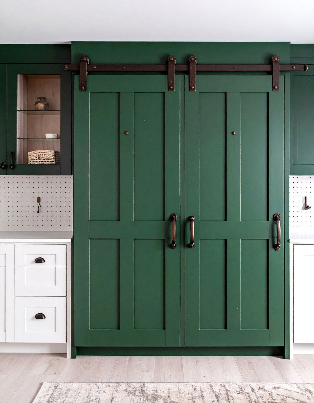 Dark Green Kitchen Pantry Doors with Brown Barn Door Hardware - 20 Green and Brown Kitchen Ideas