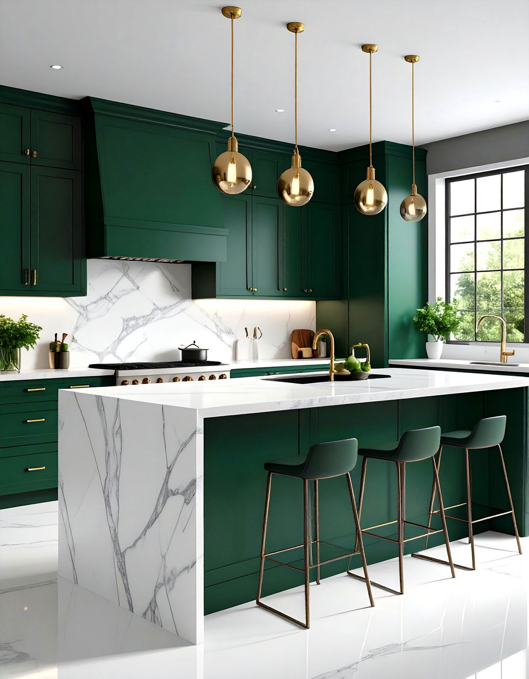 Dark Green Kitchen With Crisp White Countertops - 20 Dark Green Kitchen Ideas