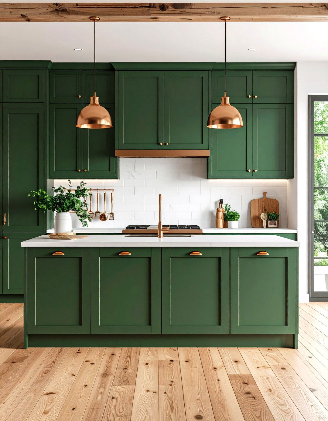 Dark Green Matte Kitchen Cabinets with Copper Knobs and Pulls - 20 Green and Copper Kitchen Ideas