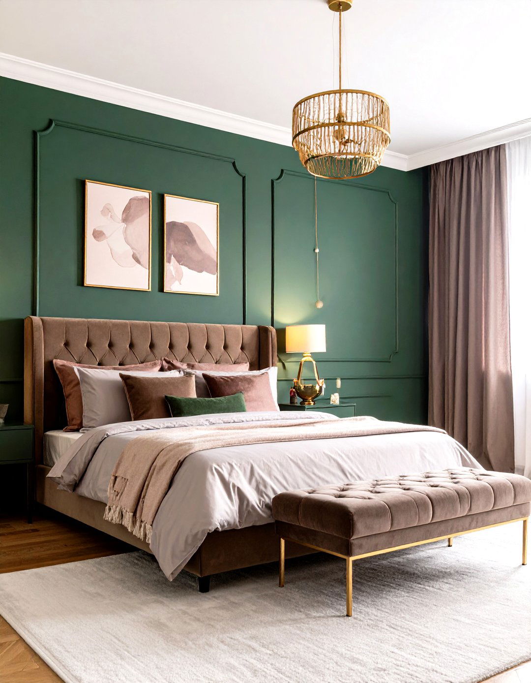 Dark Green Meets Blush Pink Contrast - 20 Dark Green Bedroom Ideas