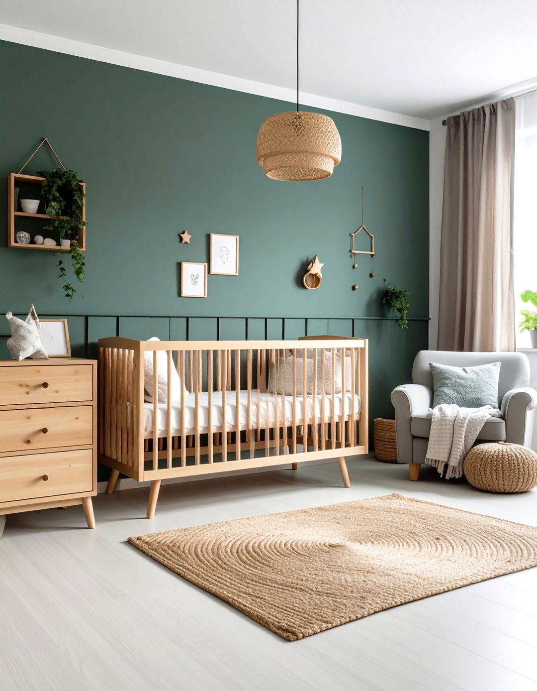 Dark Green Nursery with Natural Wood Warmth - 20 Dark Green Nursery Ideas