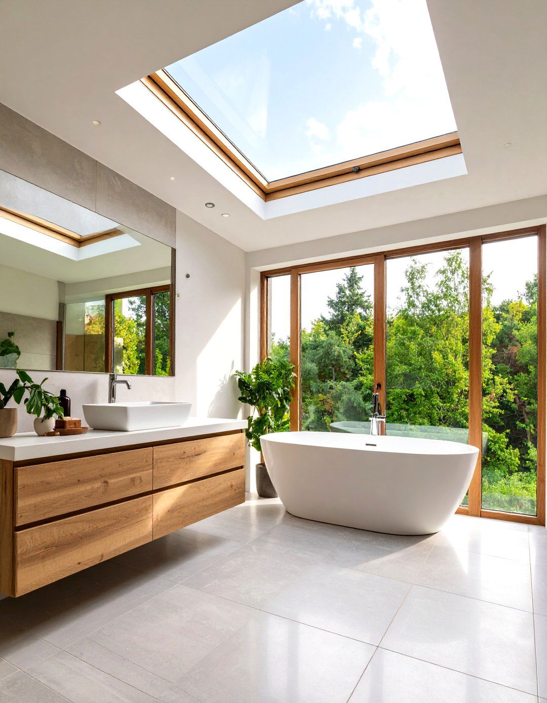 Dark Green Skylight Frame in a Pale Gray Plaster Shell - 20 Green and Grey Bathroom Ideas
