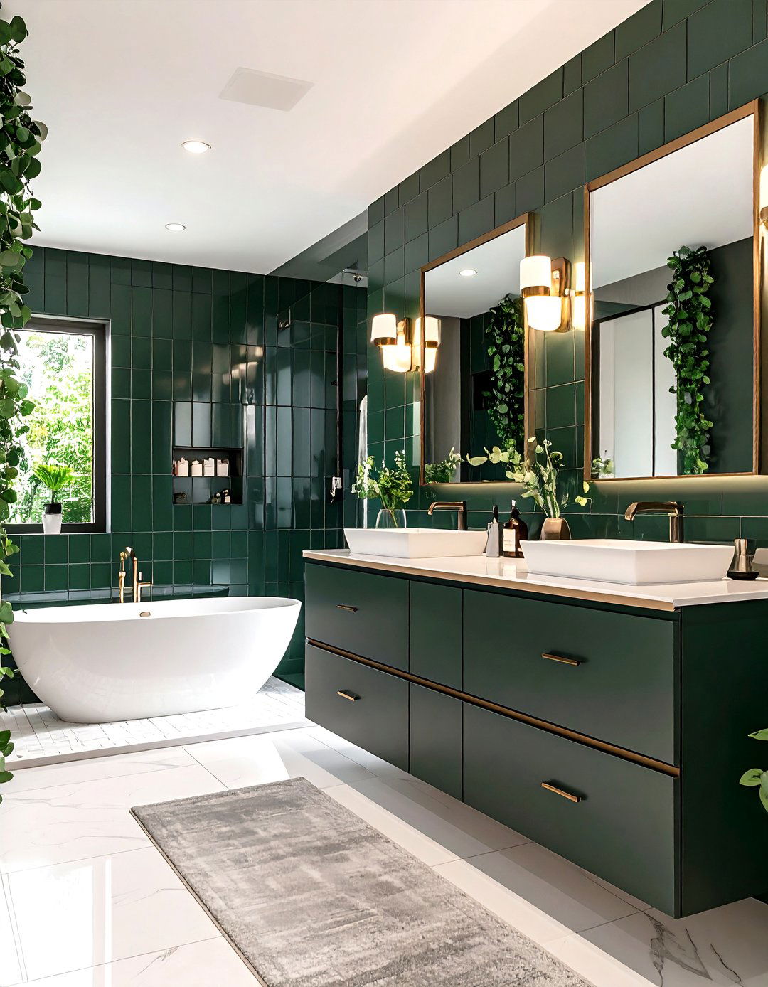 Dark Green Tile Accent Wall in a Spa Like Bathroom - 20 Dark Green Accent Wall Ideas