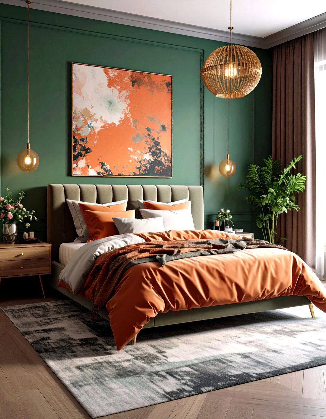 Dark Green Walls with Statement Art Pop - 20 Dark Green Bedroom Ideas