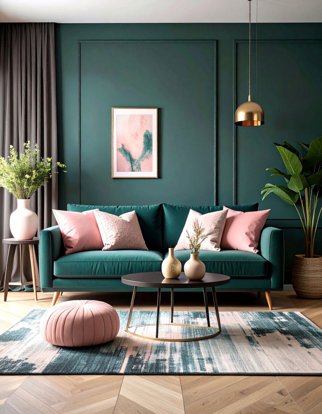 Dark Green With Blush Pink for Balanced Contrast - 20 Dark Green Living Room Ideas