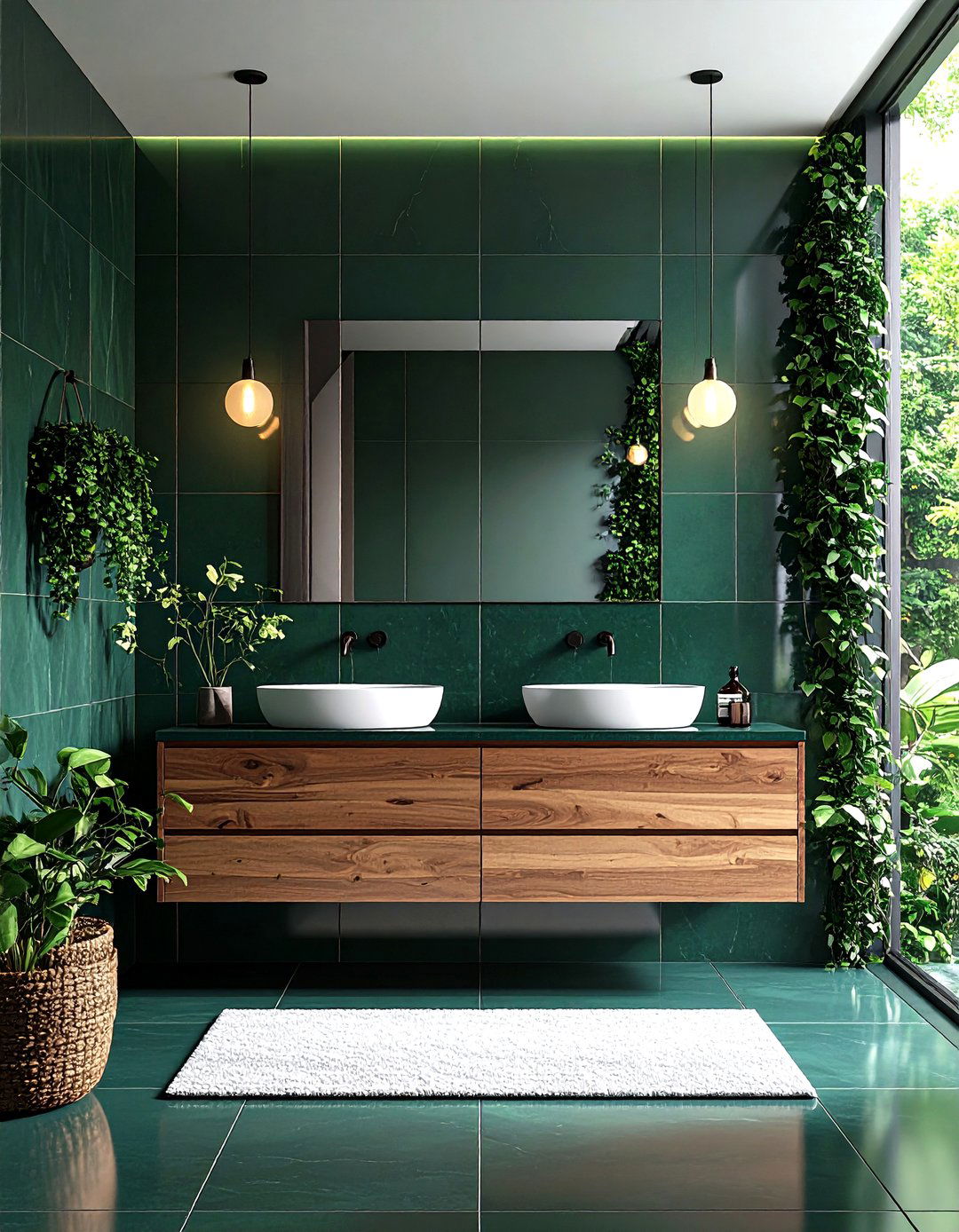 Dark Green Zellige Tile Bathroom Statement Wall - 20 Green Tile Bathroom Ideas