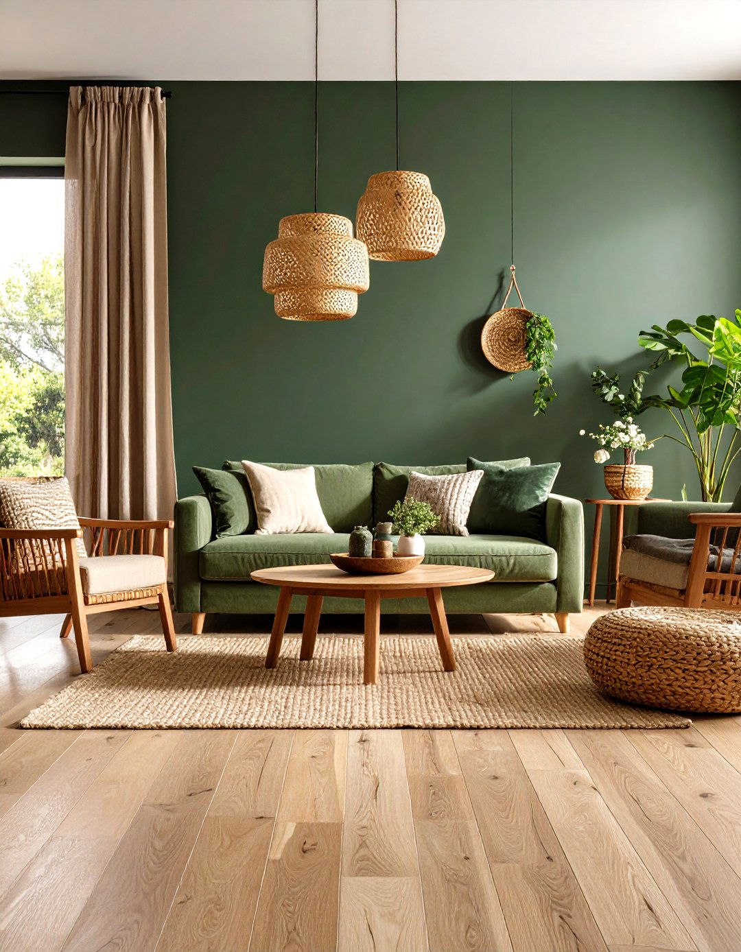 Dark Green and Natural Wood Earthy Harmony - 20 Dark Green Living Room Ideas