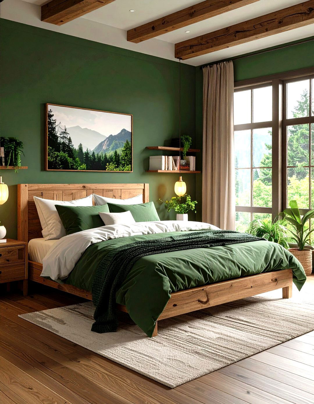 Dark Green and Natural Wood Harmony - 20 Dark Green Bedroom Ideas
