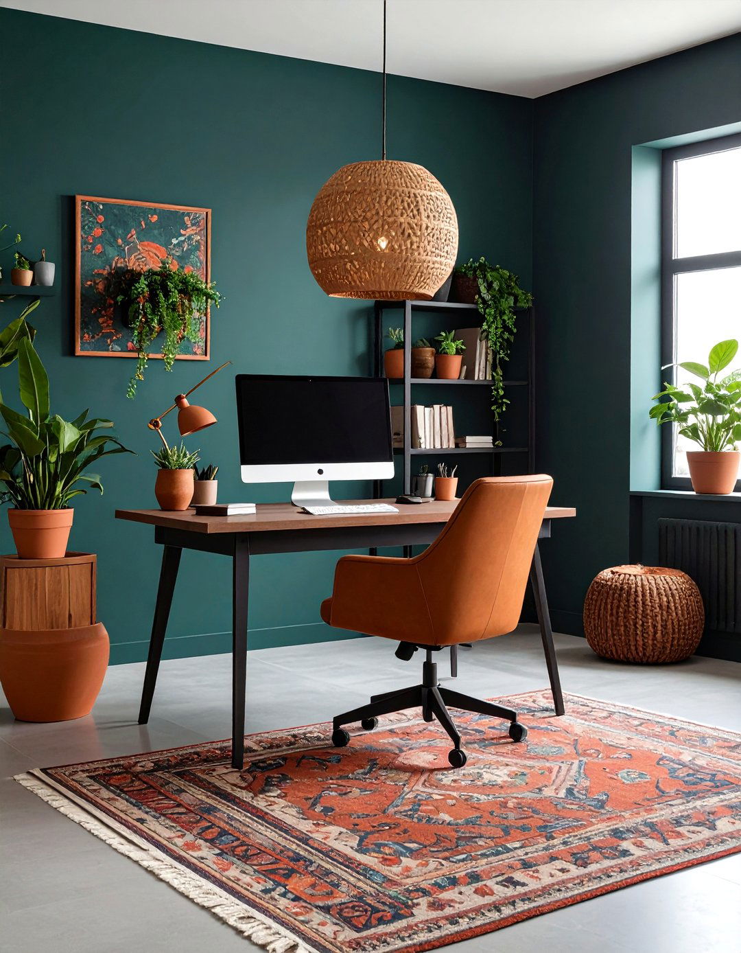 Dark Green with Terracotta Pops for Energizing Balance - 20 Dark Green Office Ideas and Inspiration